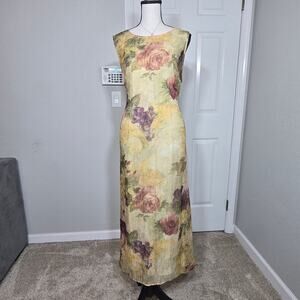 Women's VTG Floral Maxi Dress Sheer Overlay Tie Back Made USA Sz 14 Cottagecore